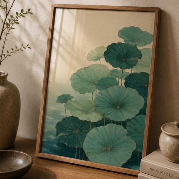 Lotus Leaf Wall Art Botanical Poster Teal Green Nature Decor Print Serene Bedroom Living Room
