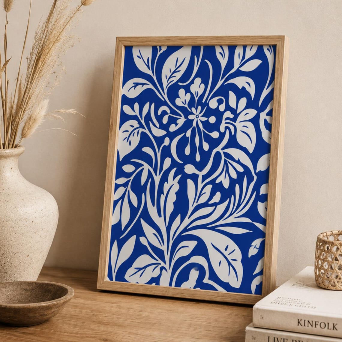 Cobalt Blue Botanical Leaf Pattern Damask Scandinavian Poster