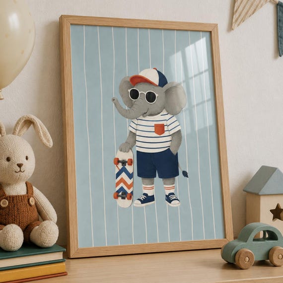 Cute Elephant Wall Art Print Skateboard Poster Kids Room Decor Nursery Animal Illustration Playroom Gift