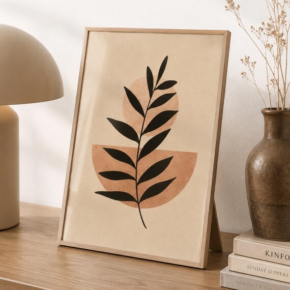 Minimalist Boho Black Leaf Branch Abstract Botanical Terracotta Poster