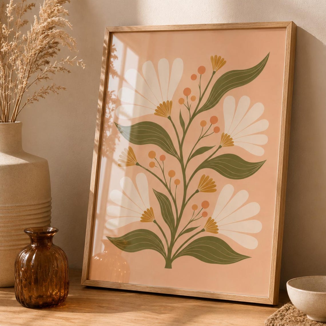 Boho Floral Daisy Botanical Scandinavian Minimal Pink Art Poster