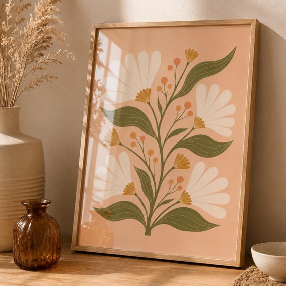 Boho Floral Daisy Botanical Scandinavian Minimal Pink Art Poster