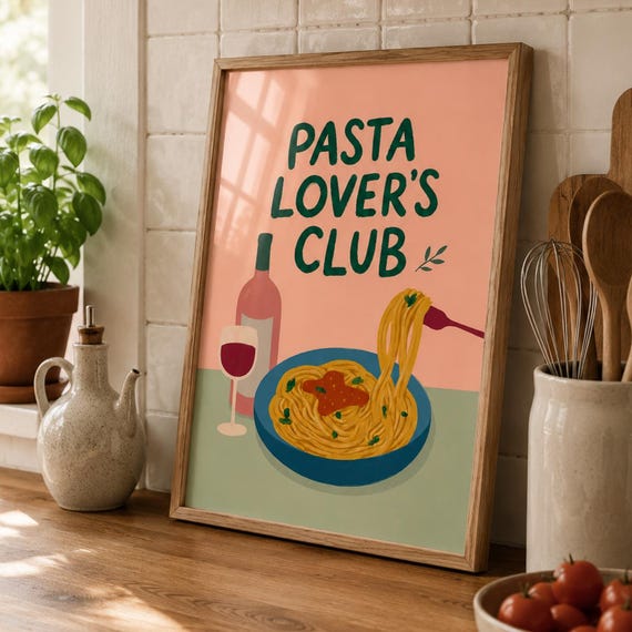 Pasta Lover Wall Art Print Italian Kitchen Decor Poster Foodie Lovers Club Sign Retro Artwork