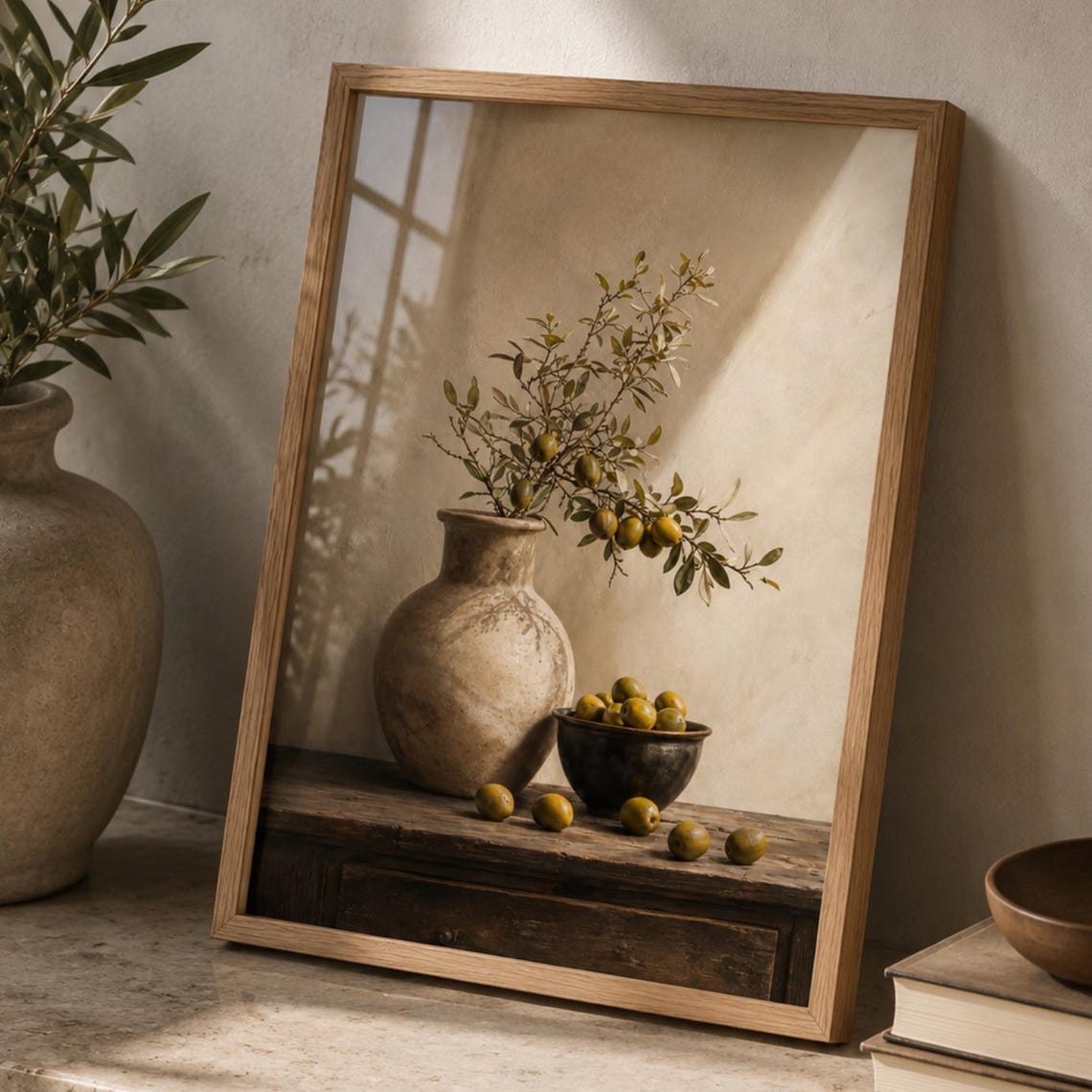 Olive Branch Clay Vase Rustic Still Life Neutral Kitchen Art Poster