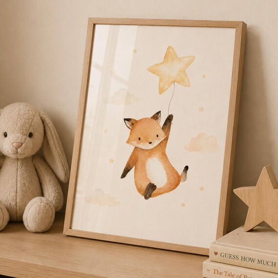 Fox Star Balloon Poster Watercolor Woodland Nursery Baby Room Decor