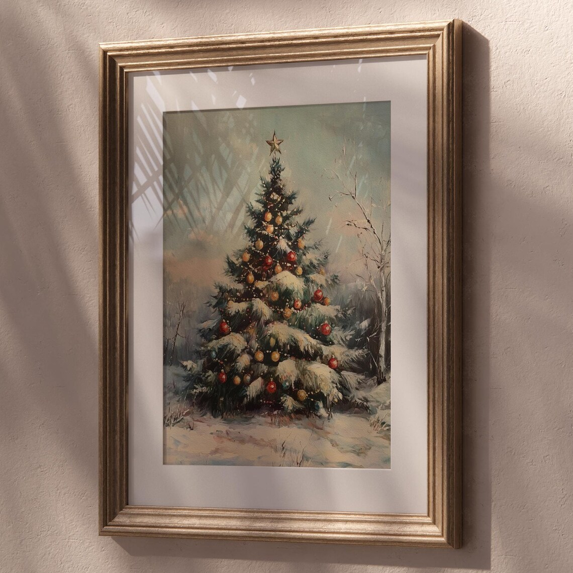 Vintage Christmas Tree Oil Painting Snowy Branches Holiday Wall Poster
