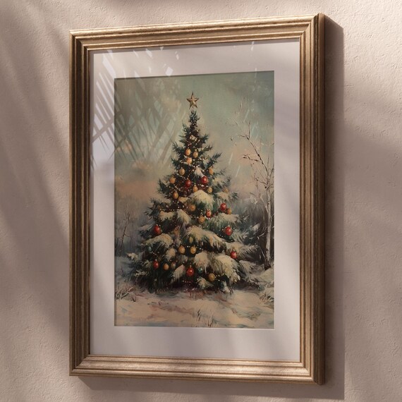 Vintage Christmas Tree Oil Painting Snowy Branches Holiday Wall Poster
