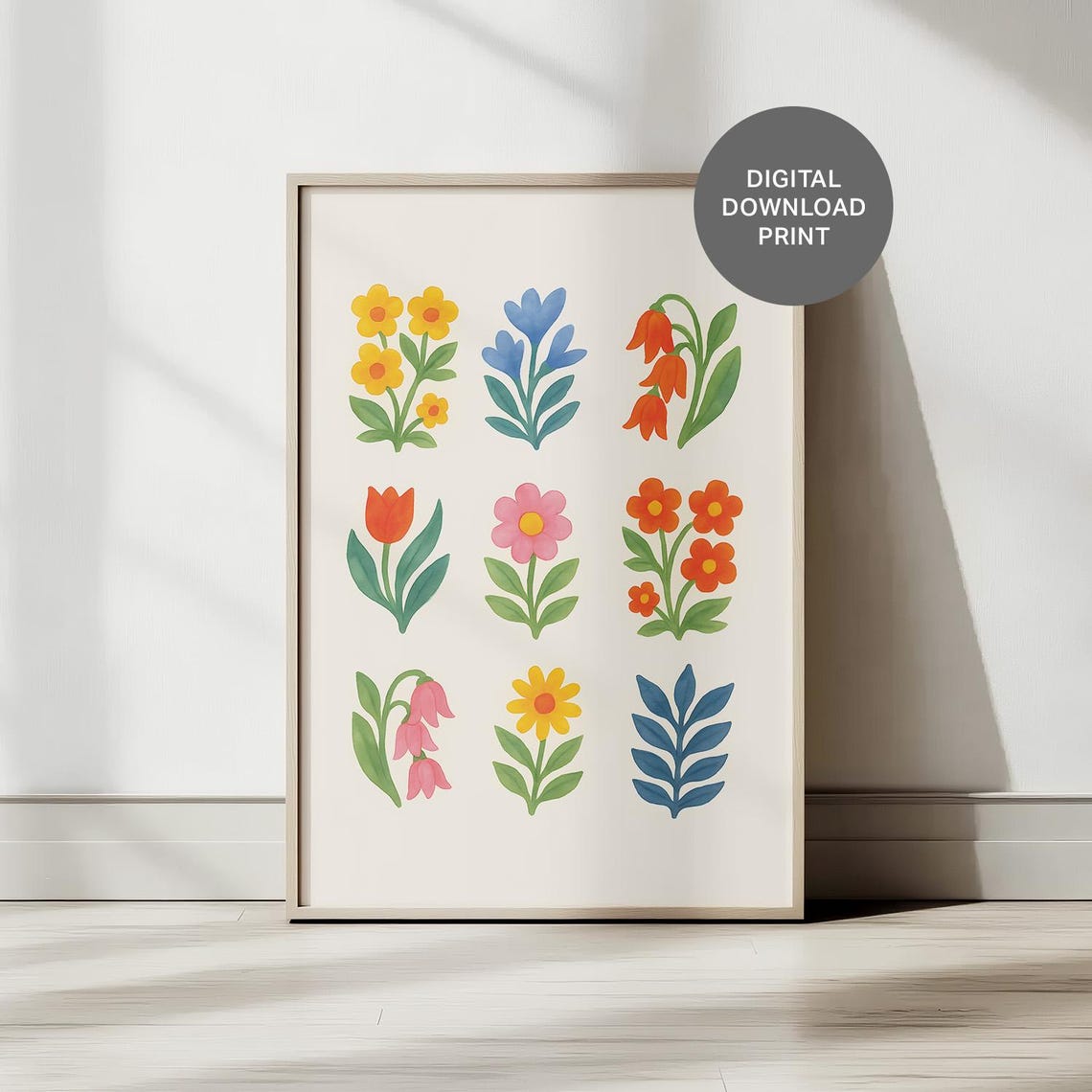 Colorful Watercolor Flower Grid Folk Botanical Spring Wall Art