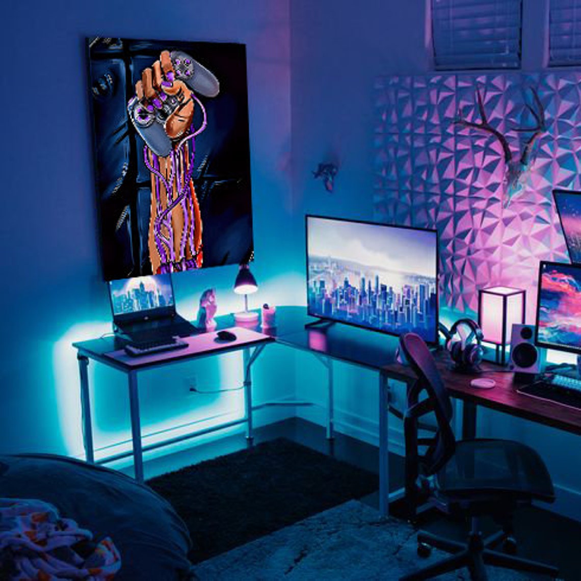 Hand Holding Game Controller Victory Pop Art Purple Neon Gaming Poster - Image 2