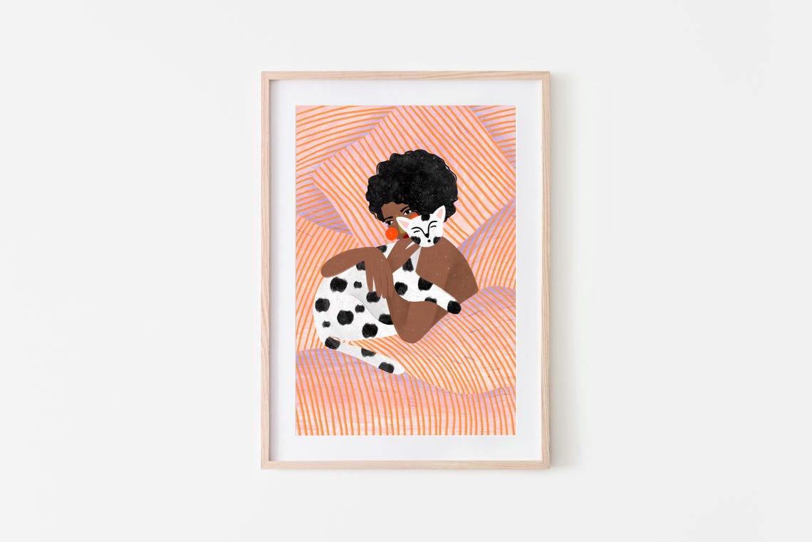 Girl Hugging Spotted Cat Line Art Cozy Boho Illustration Poster - Image 2