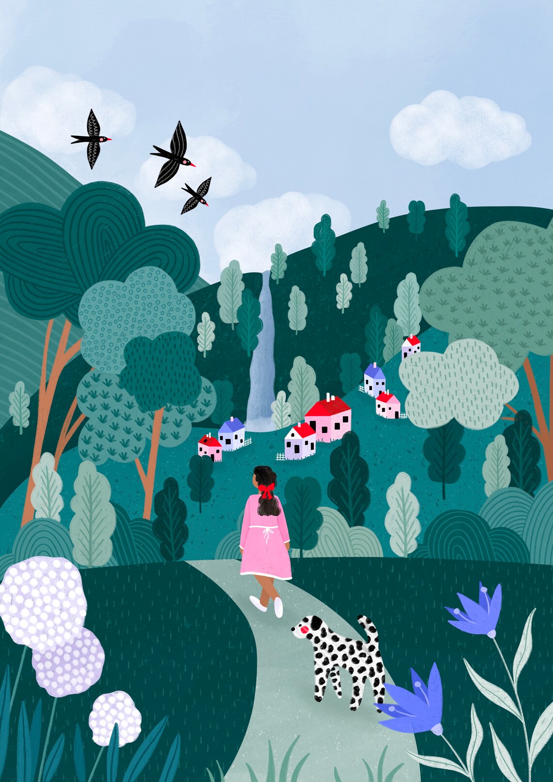 Spring Walk Colourful Landscape Dog Art Print - Image 2