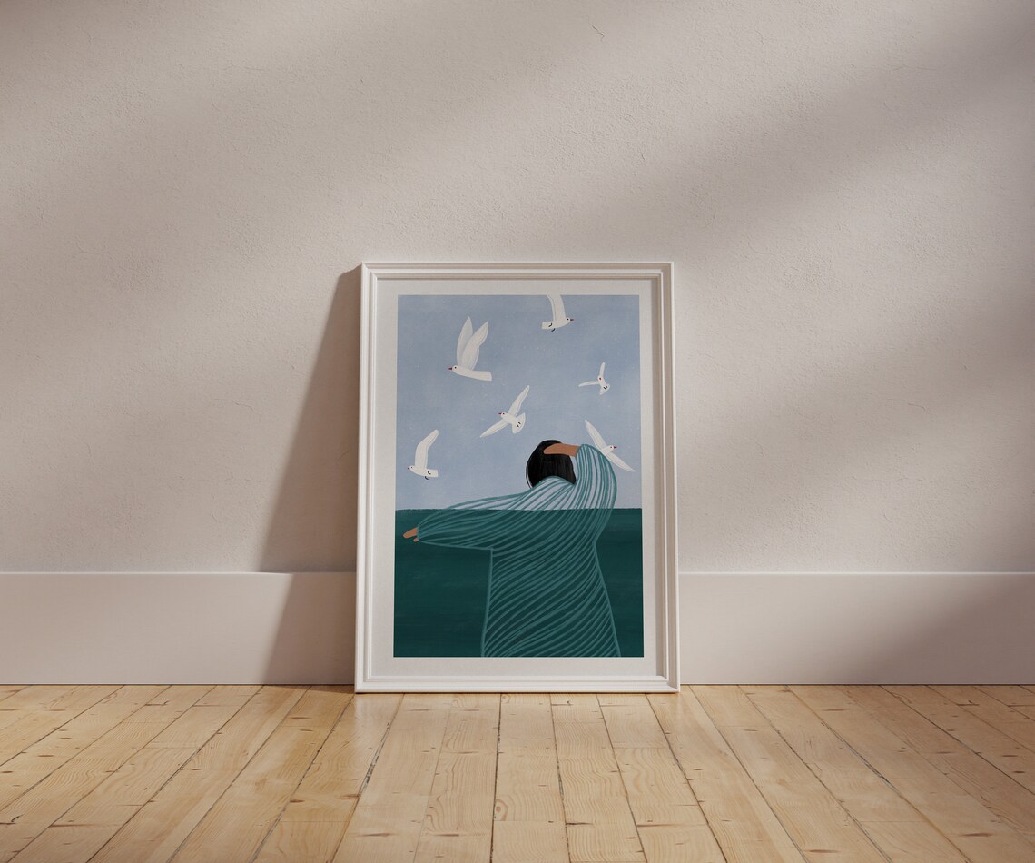 Seaside Mindful Art Print, Woman Ocean and Birds - Image 2