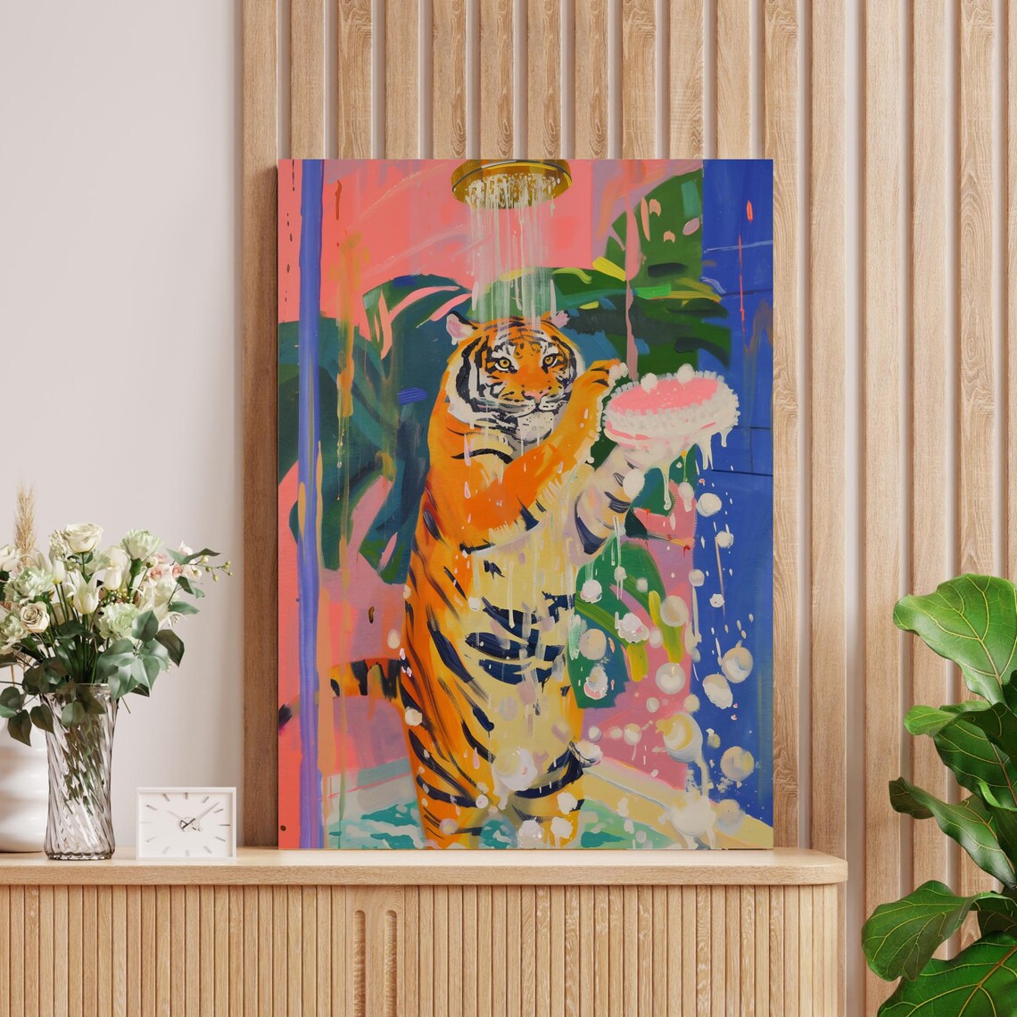 Cheerful Tiger Taking a Shower in a Colorful Jungle Bathroom Poster