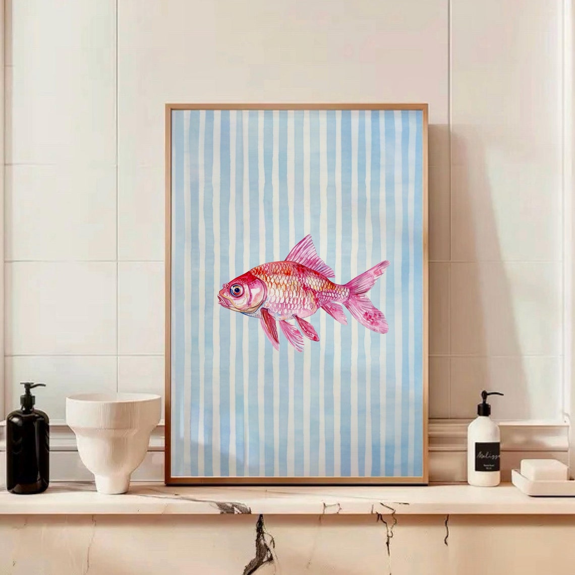 Pink Watercolor Fish on Blue Stripes Coastal Kitchen Art Poster - Image 3