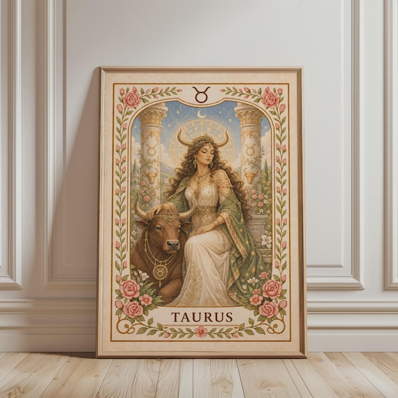 Spiritual Wall Art Taurus Zodiac Print Boho Floral Astrology Mystic Botanical Vintage Poster For Celestial Home Decor