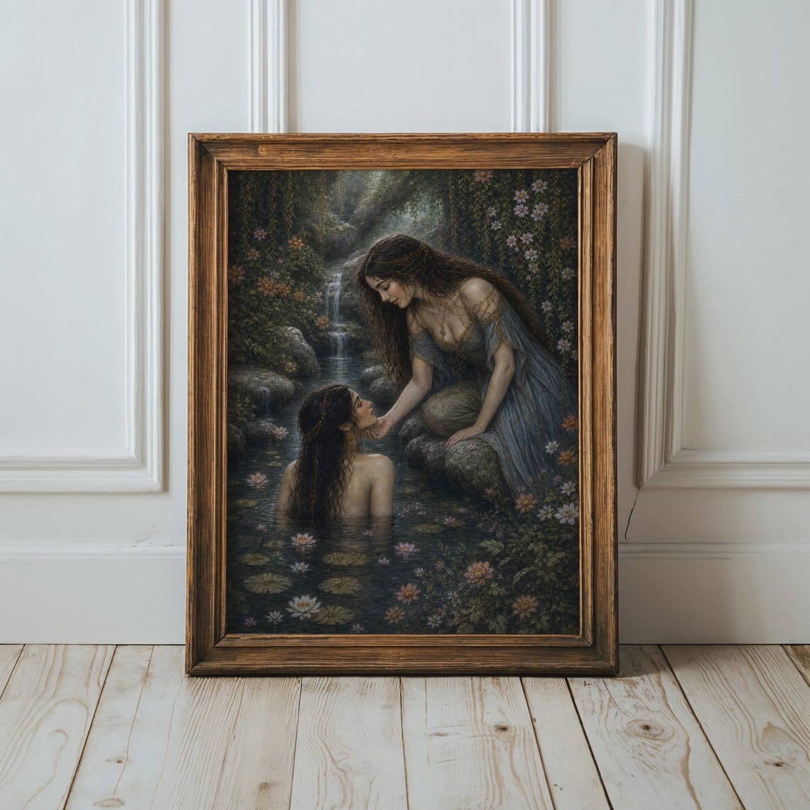 Sapphic Fantasy Wall Art Romantic Moonlit Lake Waterfall Lovers Decor