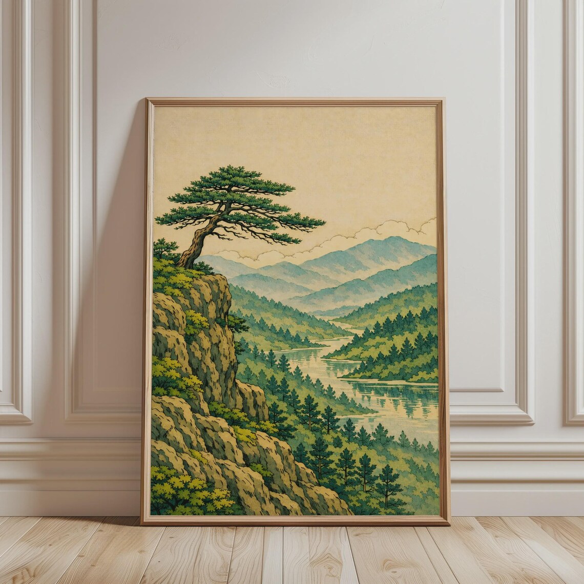 Japanese Zen Pine Tree On Rocky Cliff River Valley Vintage Ukiyoe Poster