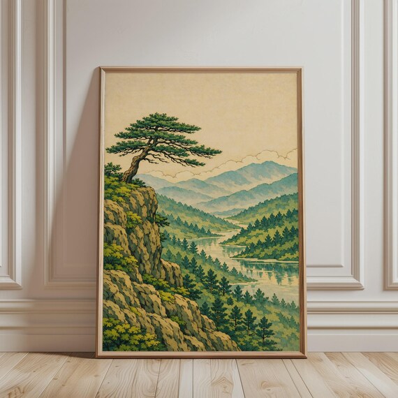 Bonsai Tree On Cliff Wall Art Ukiyoe Vintage Japanese Zen Poster For Japandi Home Decor