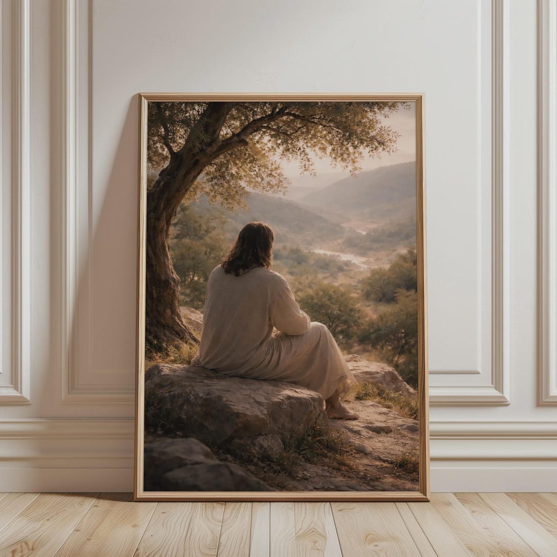 Jesus Resting Under Tree Sunset Valley Peaceful Christian Art Poster