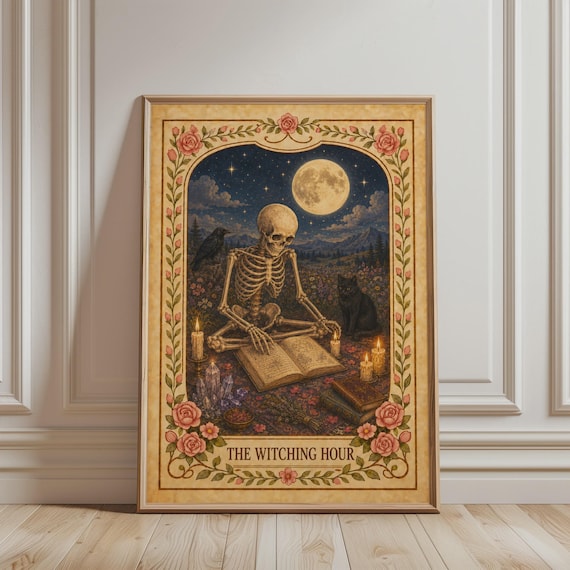 The Witching Hour Tarot Card Print Skeleton Reader Moonlight Decor
