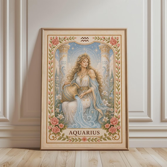 Spiritual Wall Art Aquarius Zodiac Print Boho Floral Astrology Mystic Botanical Vintage Poster For Celestial Home Decor