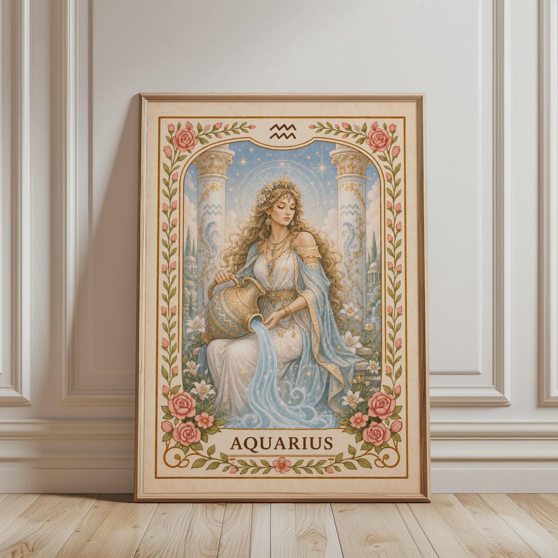 Aquarius Zodiac Goddess Boho Floral Vintage Astrology Poster