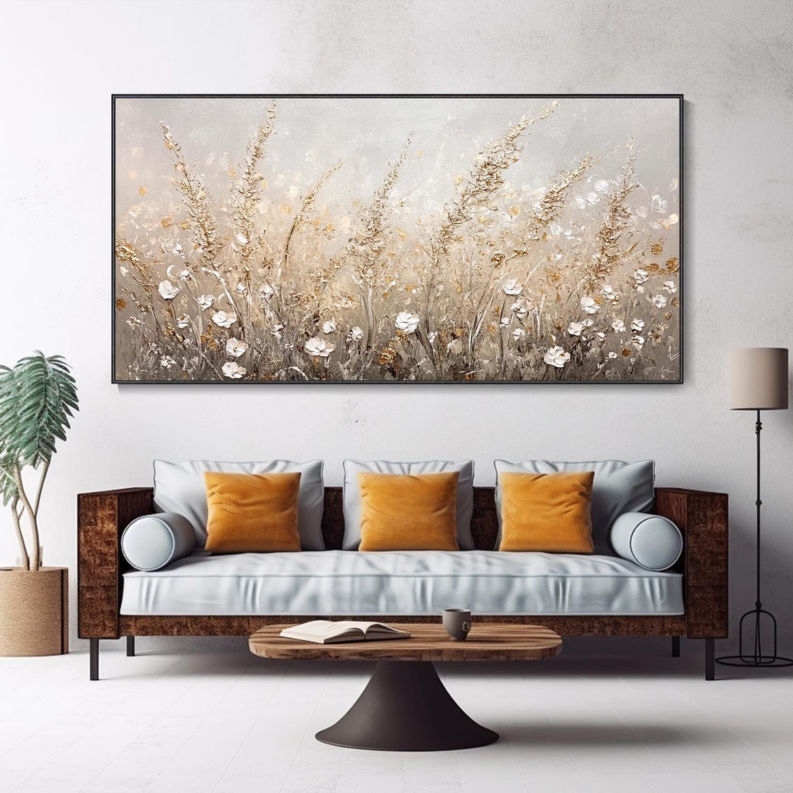 White Wildflowers And Gold Field Textured Rustic Meadow Art Poster - Image 4