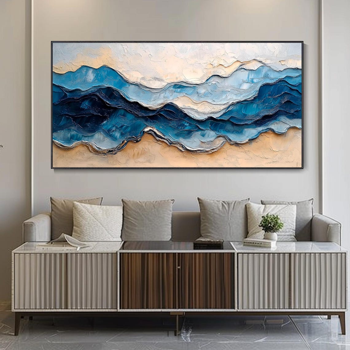 Layered Blue Ocean Waves On Golden Beach Textured Art Poster - Image 4