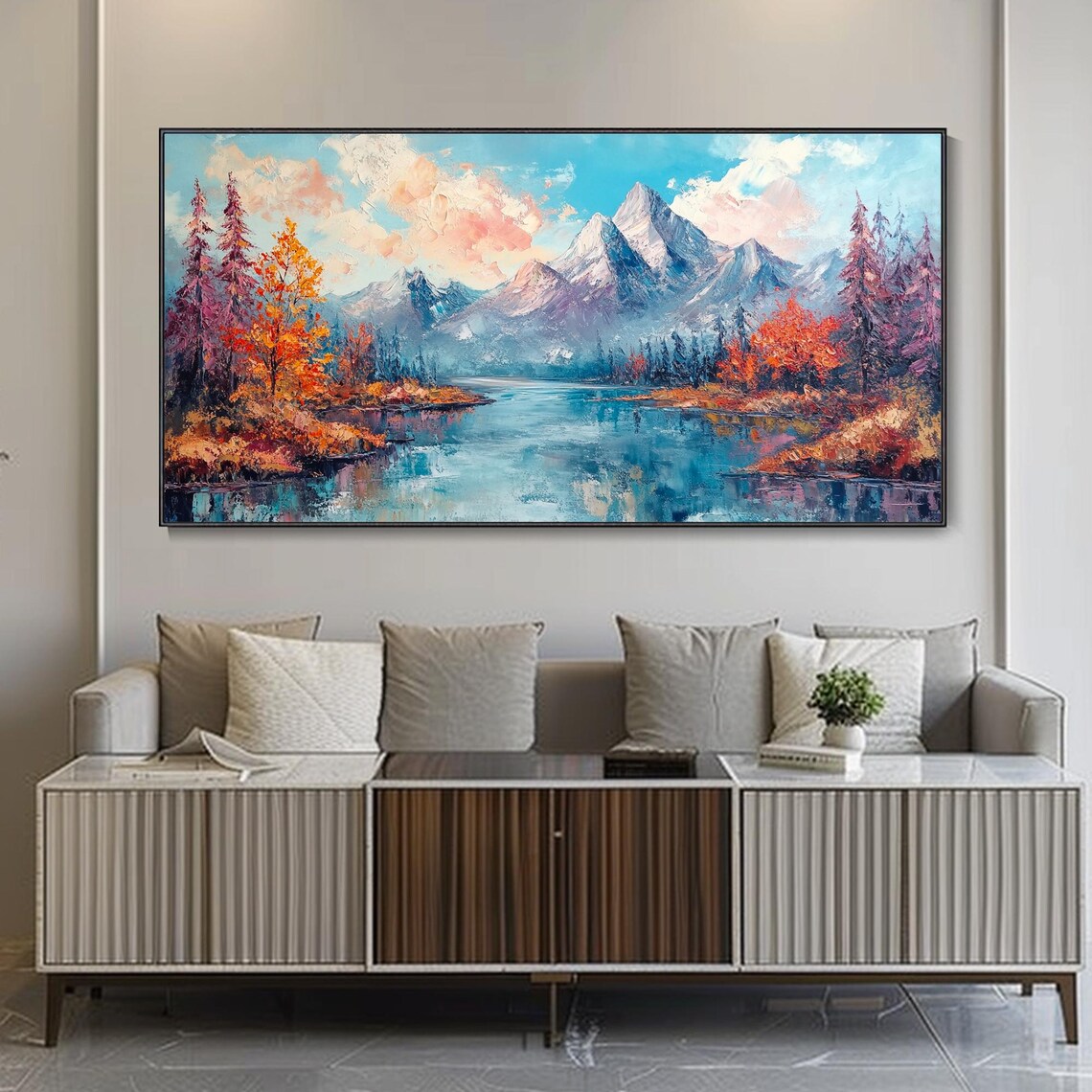 Snowy Mountain Lake With Autumn Trees Scenic Landscape Art Poster - Image 4