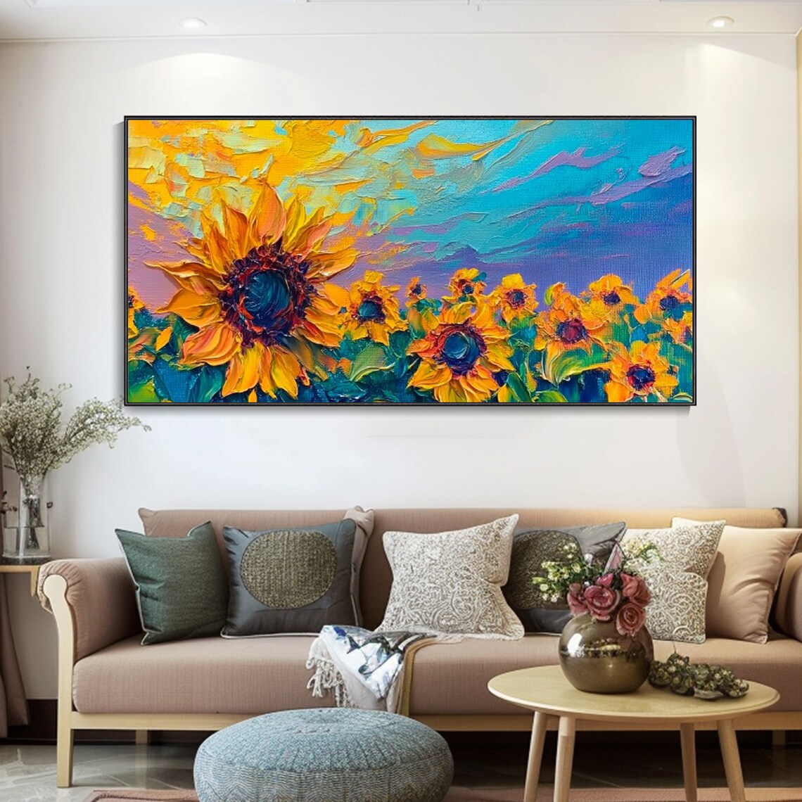 Sunflower Oil Painting Bright Color Texture Knife Painting Artist Original Blue Sky Sunshine Home Decor Flower Theme Wall Art Birthday Gift - Image 3