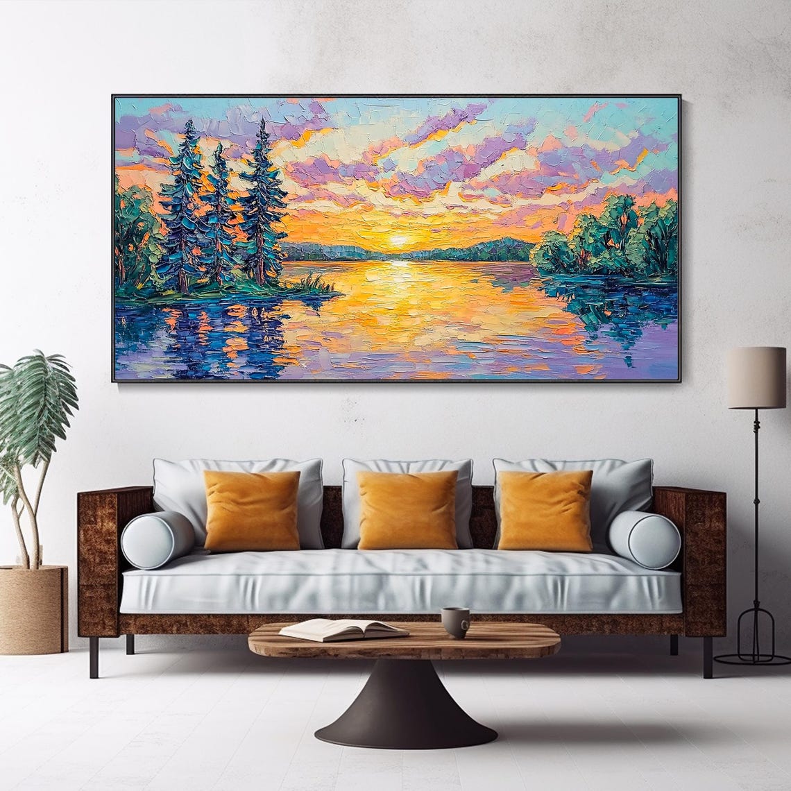 Sunset Lake With Pine Trees Reflections Landscape Art Poster - Image 4