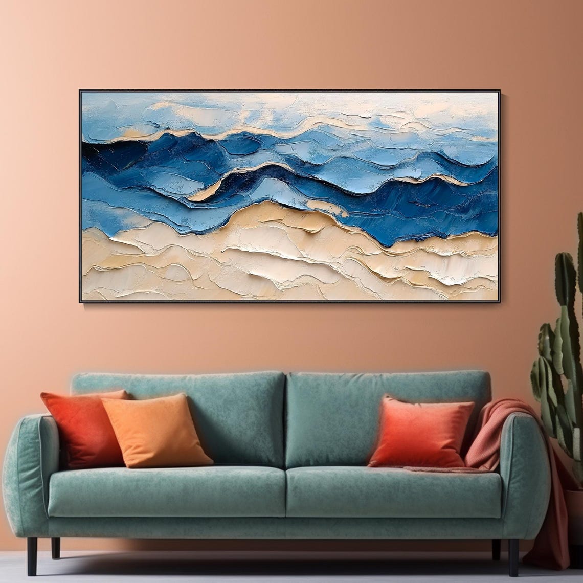 Blue Ocean Waves Over Sand Dunes Textured Coastal Art Poster - Image 2