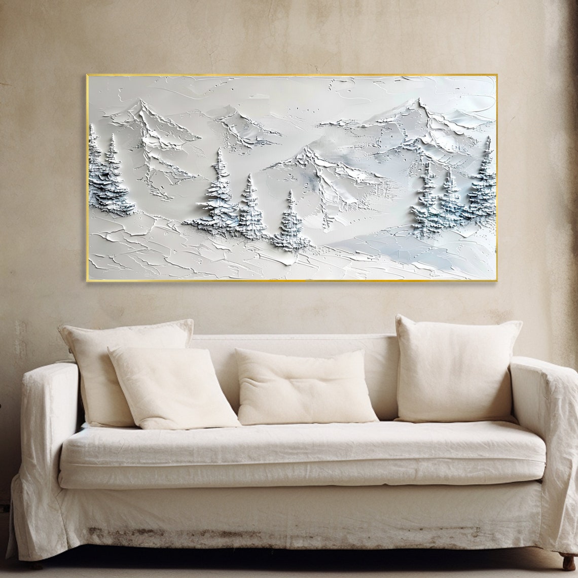 White Winter Mountain Snow Pines Minimalist Palette Knife Wall Art - Image 5