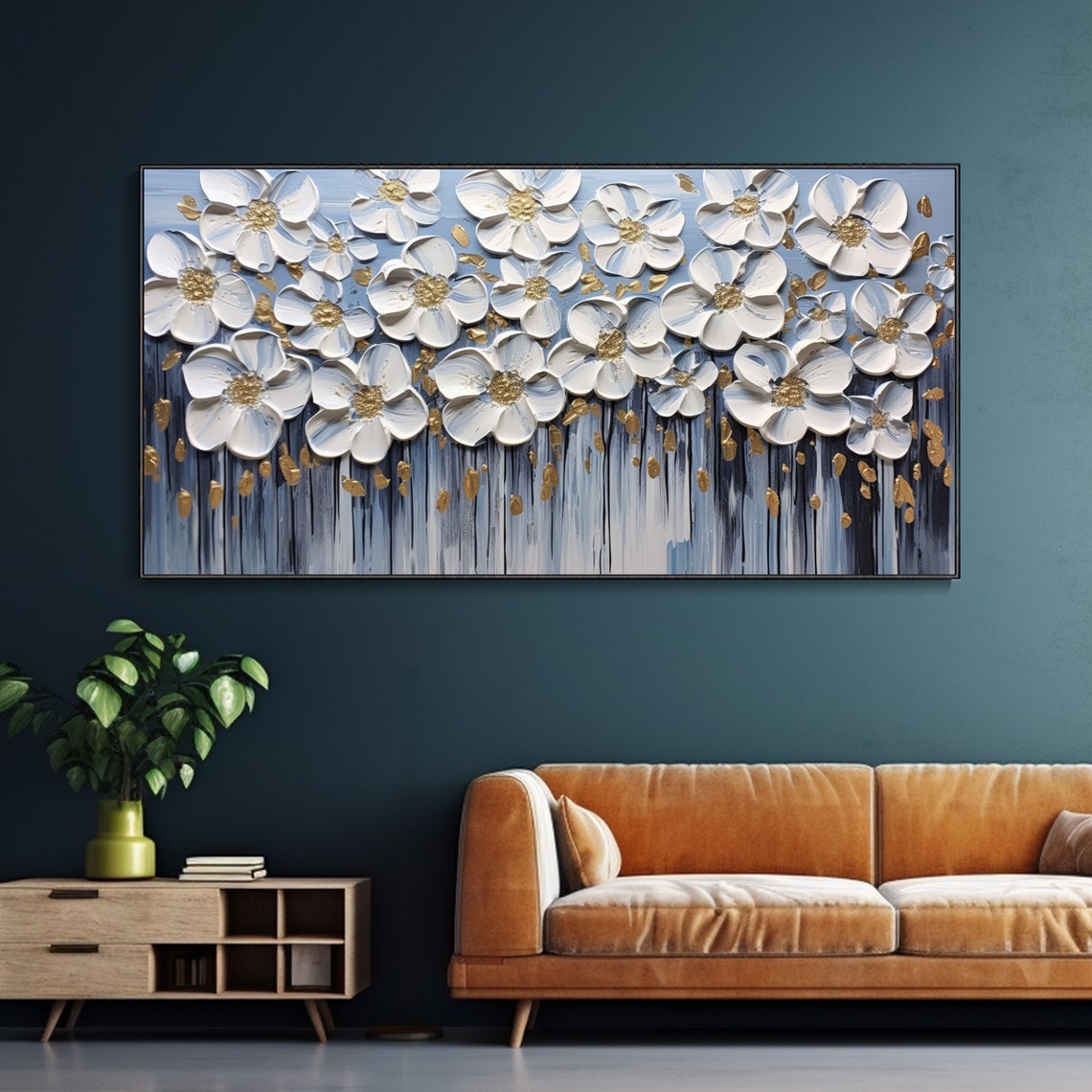 White Flowers Gold Stamens Deep Blue Luxe Floral Oil Painting Wall Art - Image 3
