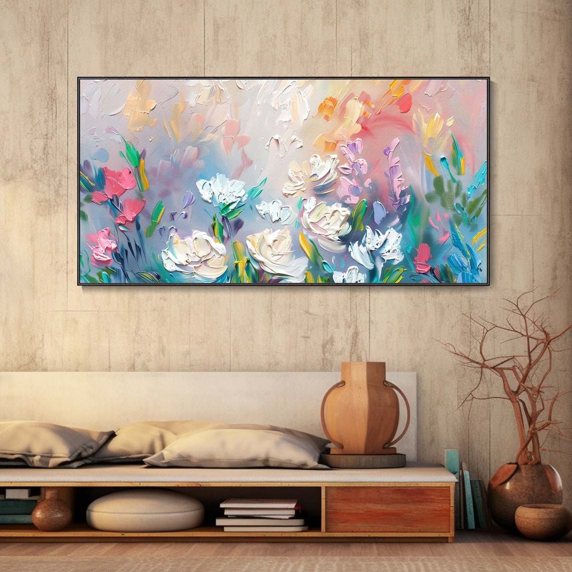 Pastel White Roses Abstract Floral Impasto Oil Painting Poster - Image 5