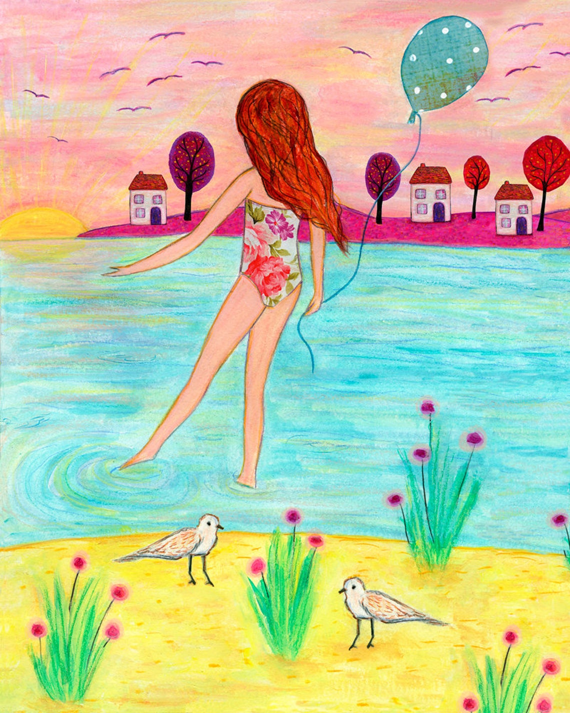 Redhead Girl Walking in Ocean at Sunset with Balloon Beach Art Poster