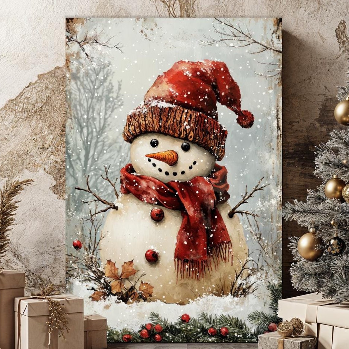 Cheerful Snowman With Red Santa Hat Watercolor Christmas Wall Art