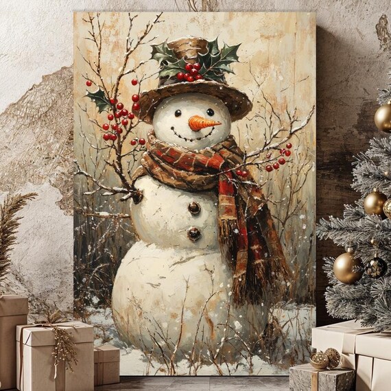 Vintage Rustic Snowman Holly Berry Christmas Farmhouse Wall Art