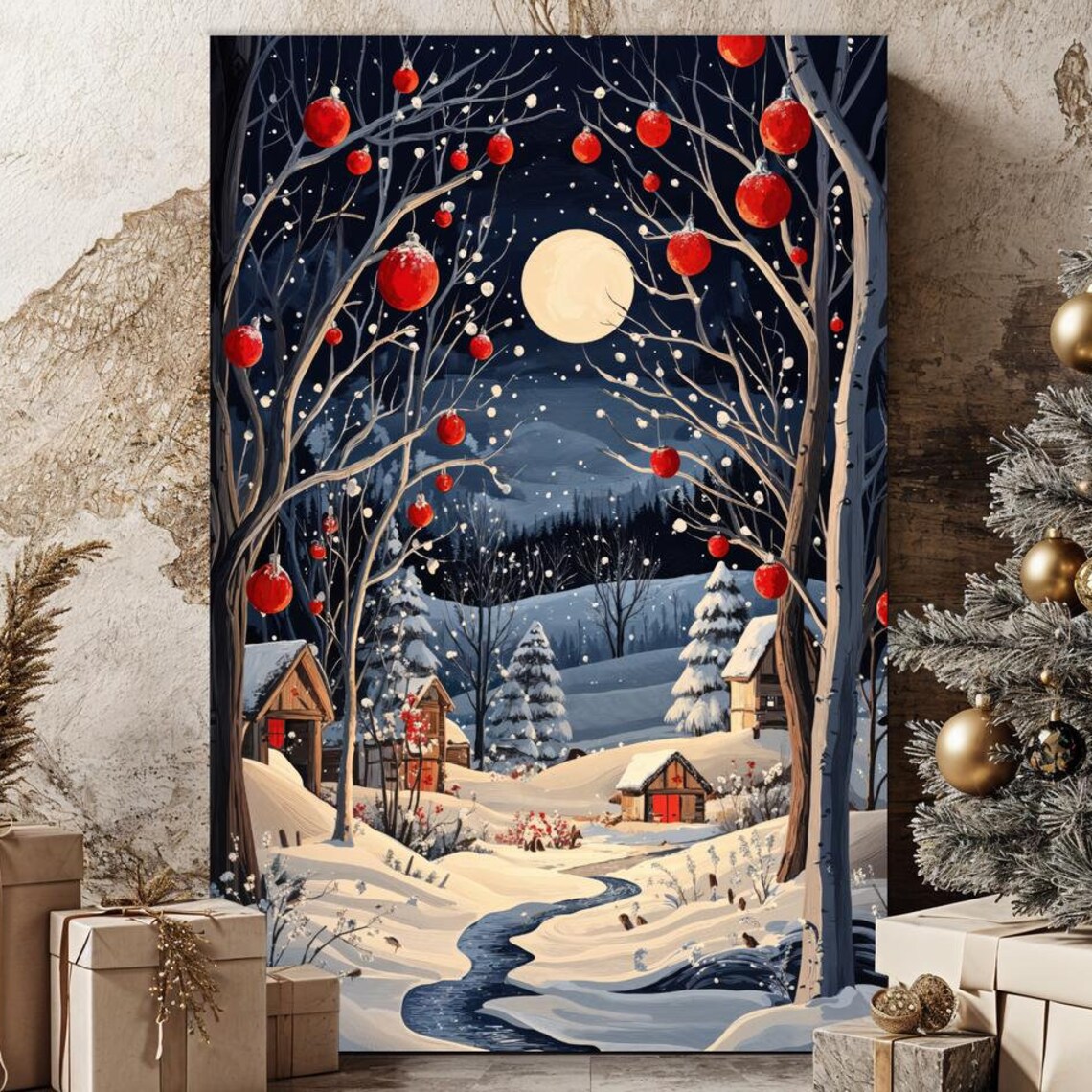 Moonlit Winter Village Red Ornaments Snowy Night Christmas Poster