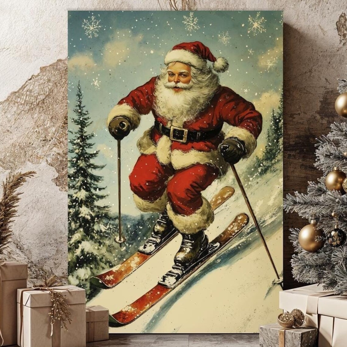 Vintage Santa Claus Skiing Downhill Retro Christmas Art Poster
