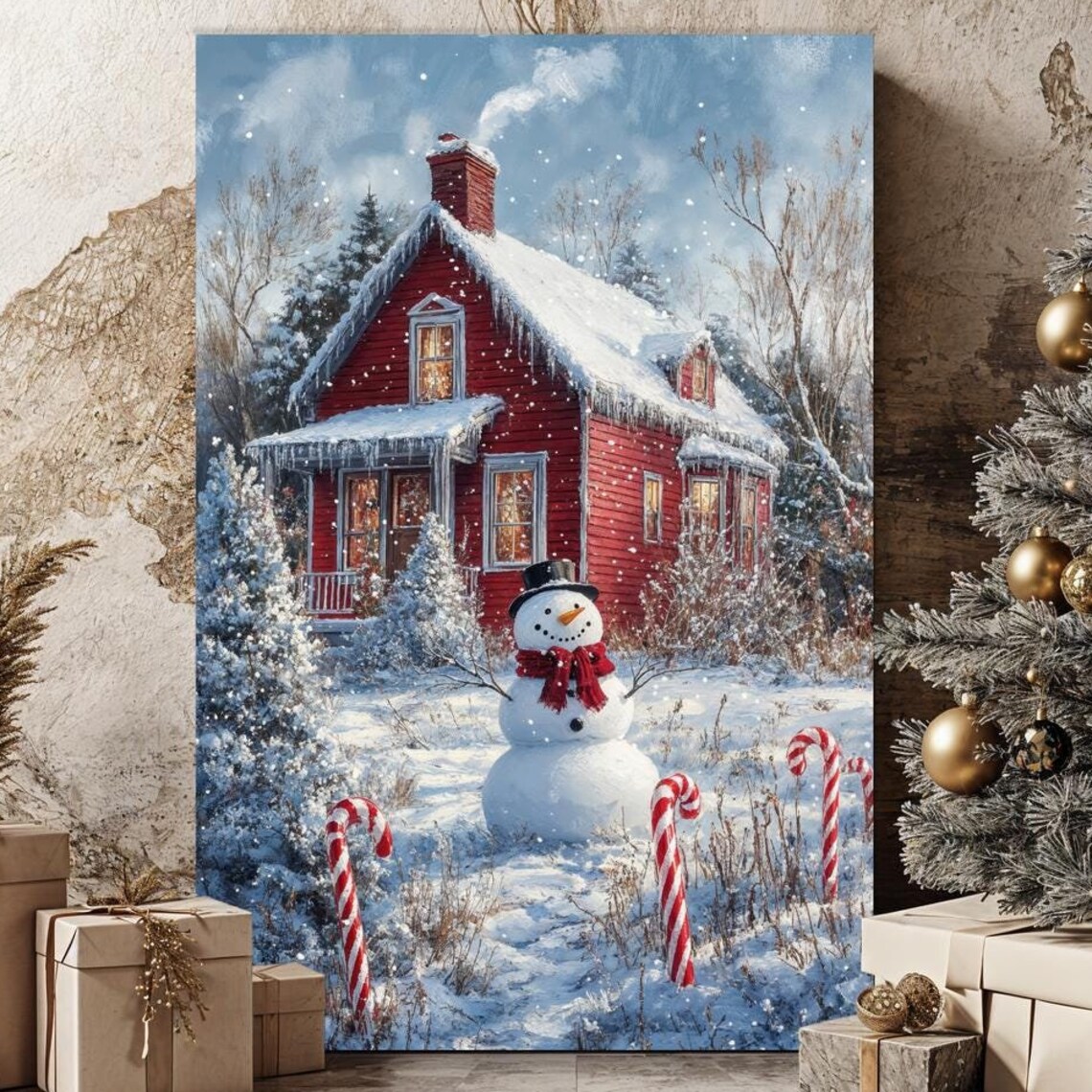 Cozy Red Snowy Cottage Snowman And Candy Canes Christmas Poster