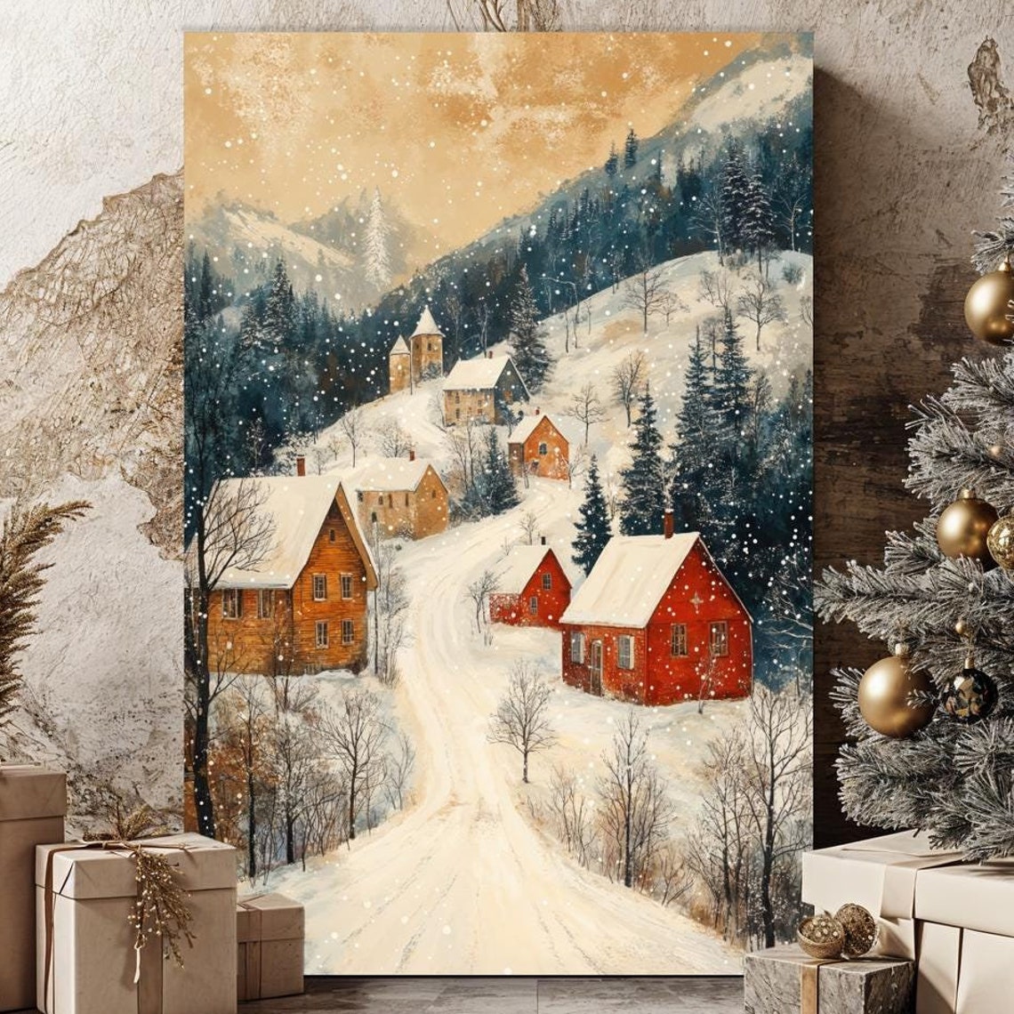 Snowy Alpine Village Christmas Scene Cozy Winter Landscape Poster