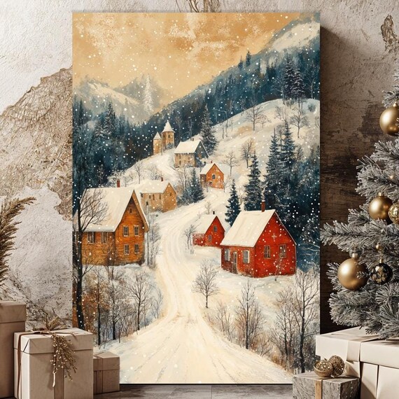 Snowy Alpine Village Christmas Scene Cozy Winter Landscape Poster