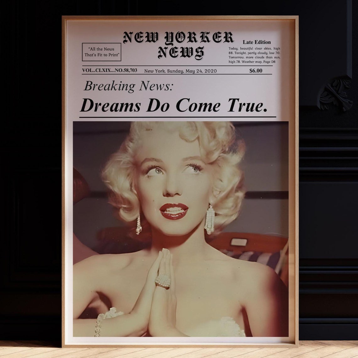 Marilyn Monroe Dreams Do Come True Retro Newspaper Quote Art Poster - Image 3