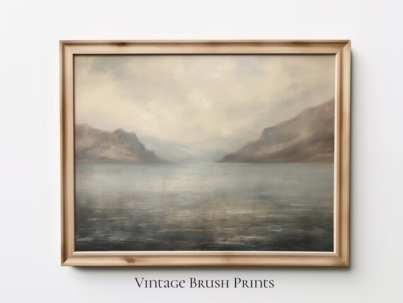 Foggy Gray Seascape Between Misty Hills Calm Oil Painting Poster