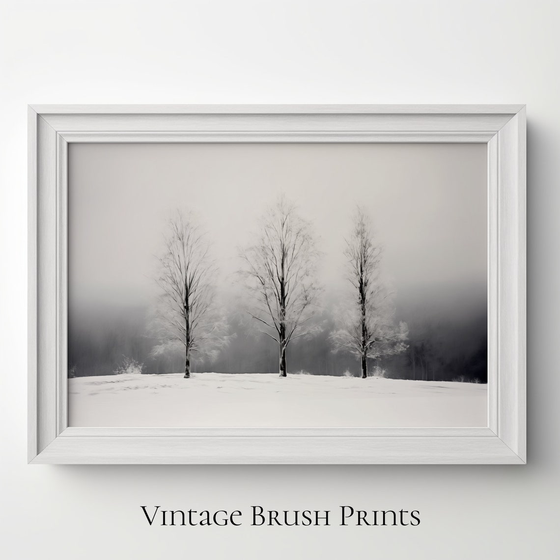 Three Bare Trees in Winter Fog Black and White Snow Photo Poster