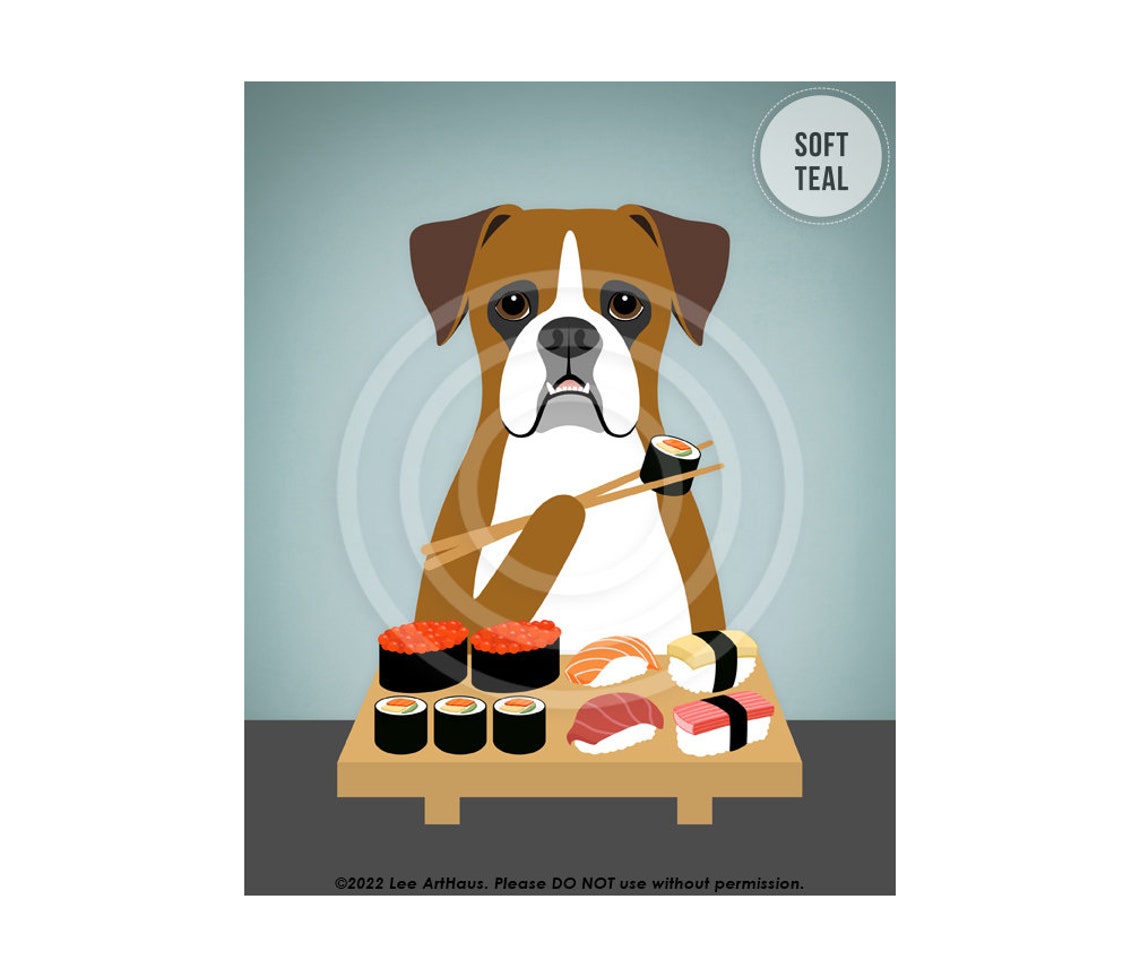 415dp Boxer Dog Eating Sushi Wall Art Boxer Dog Mom Gifts Sushi Art Prints Sushi Sign Dog Drawing Funny Animal Artwork Dog Art - Image 4