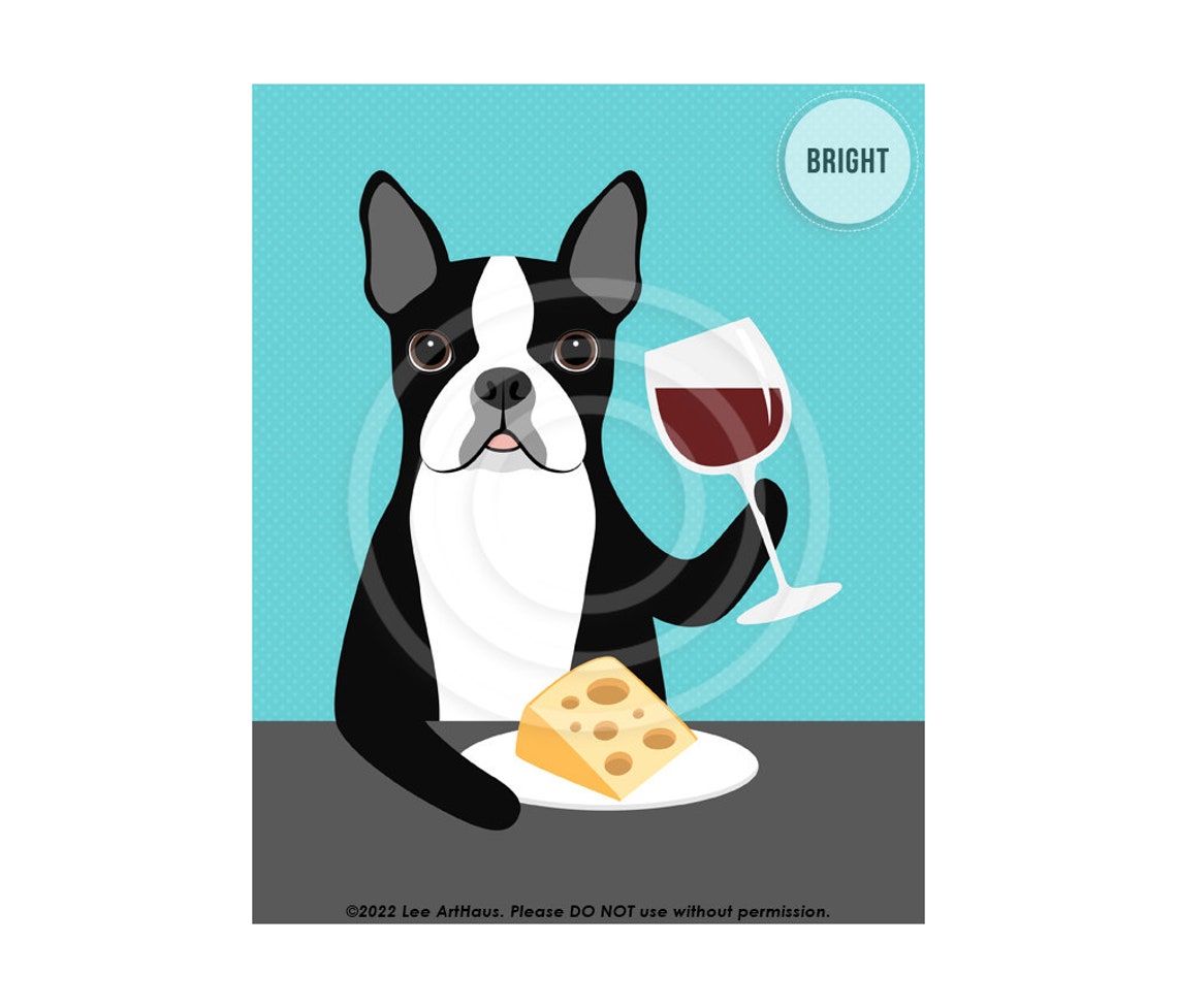 Boston Terrier Wine And Cheese Night Red Wine Glass Gray Poster - Image 2