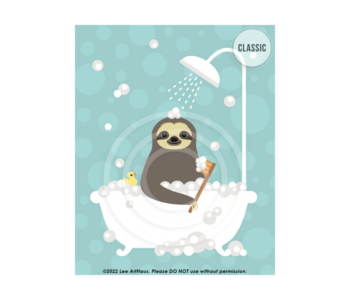 Happy Sloth Bubble Bath Clawfoot Tub Scrub Brush Pink Cute Bathroom Poster - Image 3
