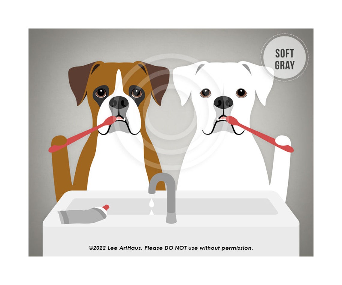 Two Boxer Dogs Brushing Teeth At Bathroom Sink Funny Dog Poster - Image 3